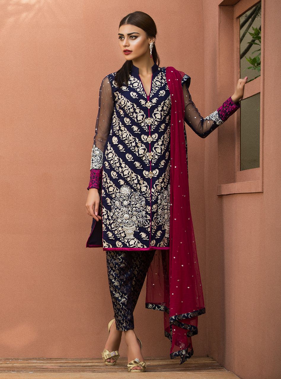 Zainab Chottani | Semi Formals | NAVY BLUE FLORAL DRESS - Riwayat-e-Khas