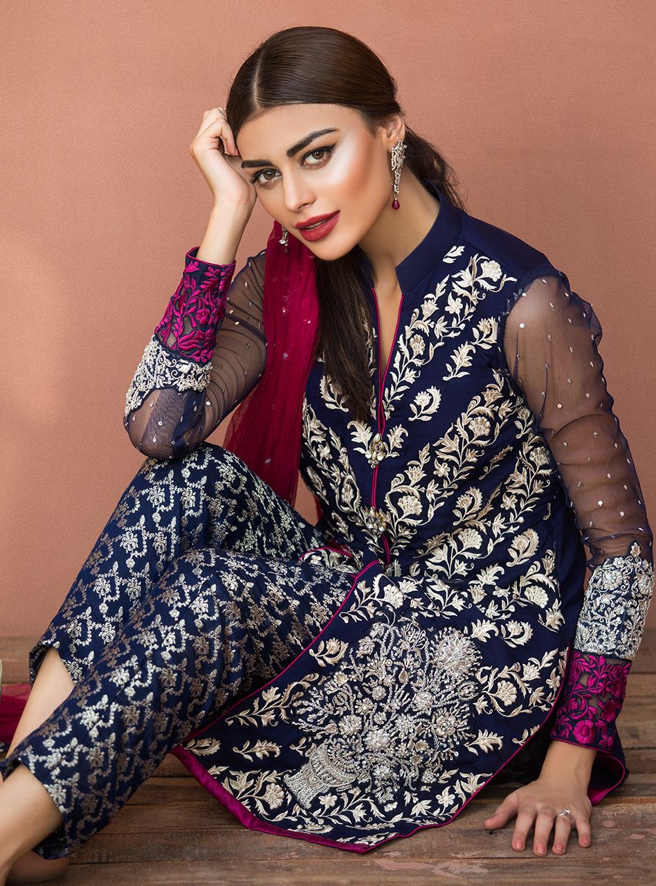 Zainab Chottani | Semi Formals | NAVY BLUE FLORAL DRESS - Riwayat-e-Khas