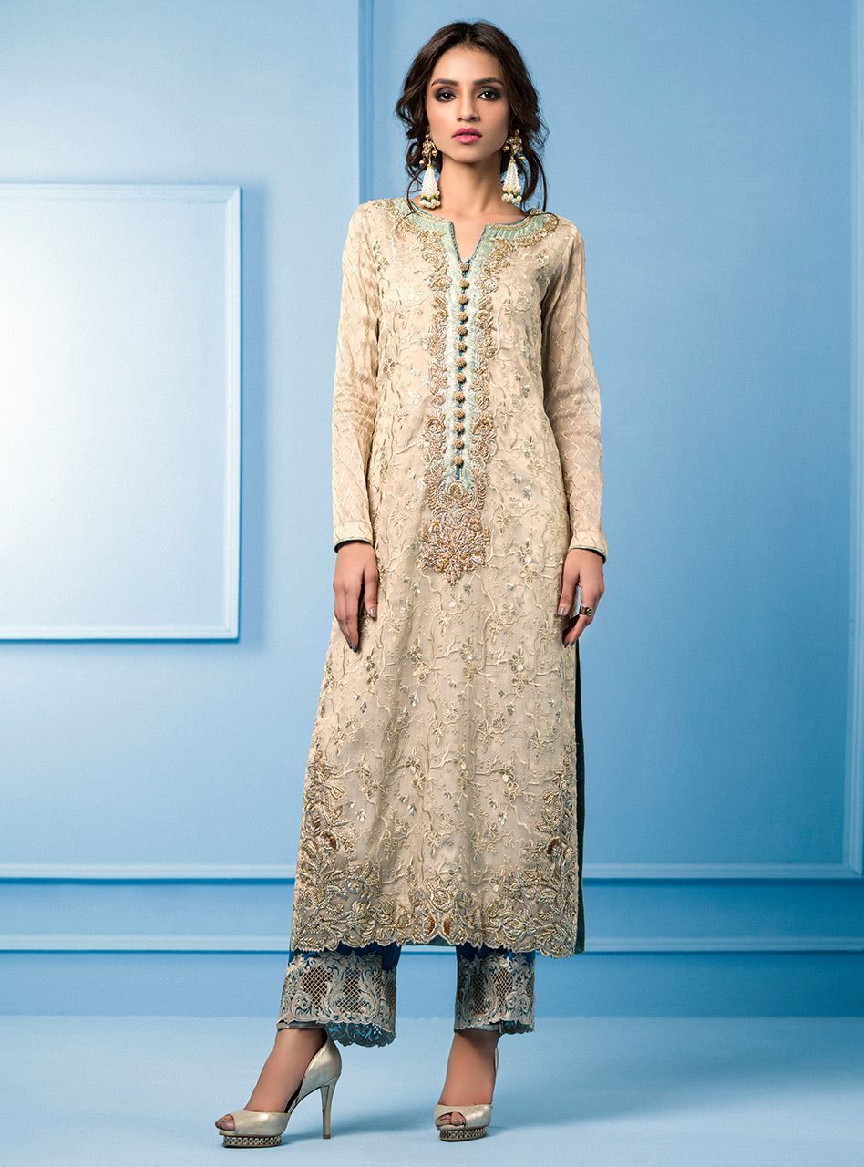 Zainab Chottani | Semi Formals | BEIGE AND TURQUOISE - Riwayat-e-Khas