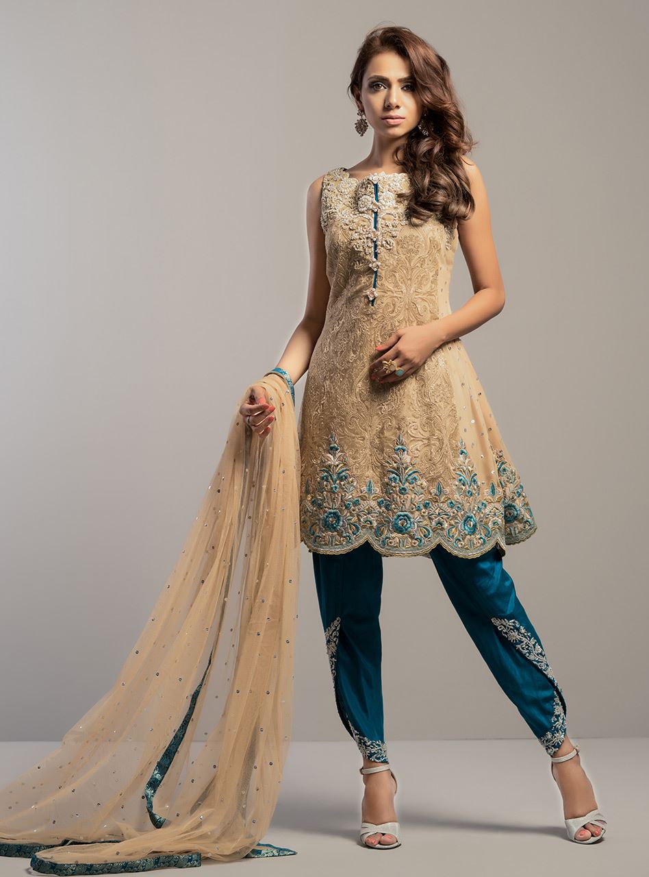 Zainab Chottani | Semi Formals | BEIGE GOLD WITH TEAL DRESS - Riwayat-e-Khas