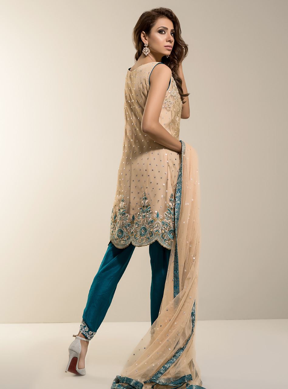 Zainab Chottani | Semi Formals | BEIGE GOLD WITH TEAL DRESS - Riwayat-e-Khas