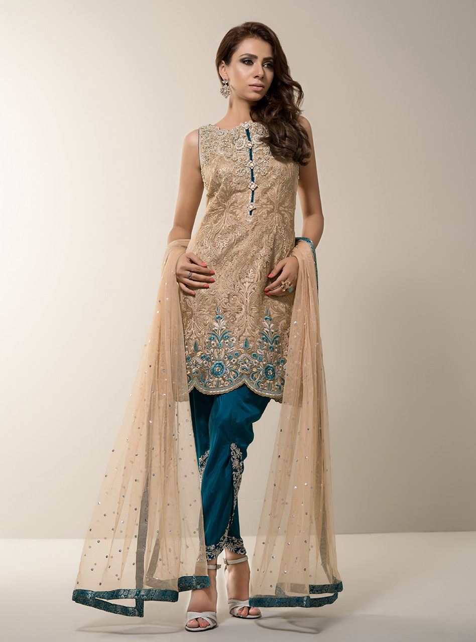 Zainab Chottani | Semi Formals | BEIGE GOLD WITH TEAL DRESS - Riwayat-e-Khas
