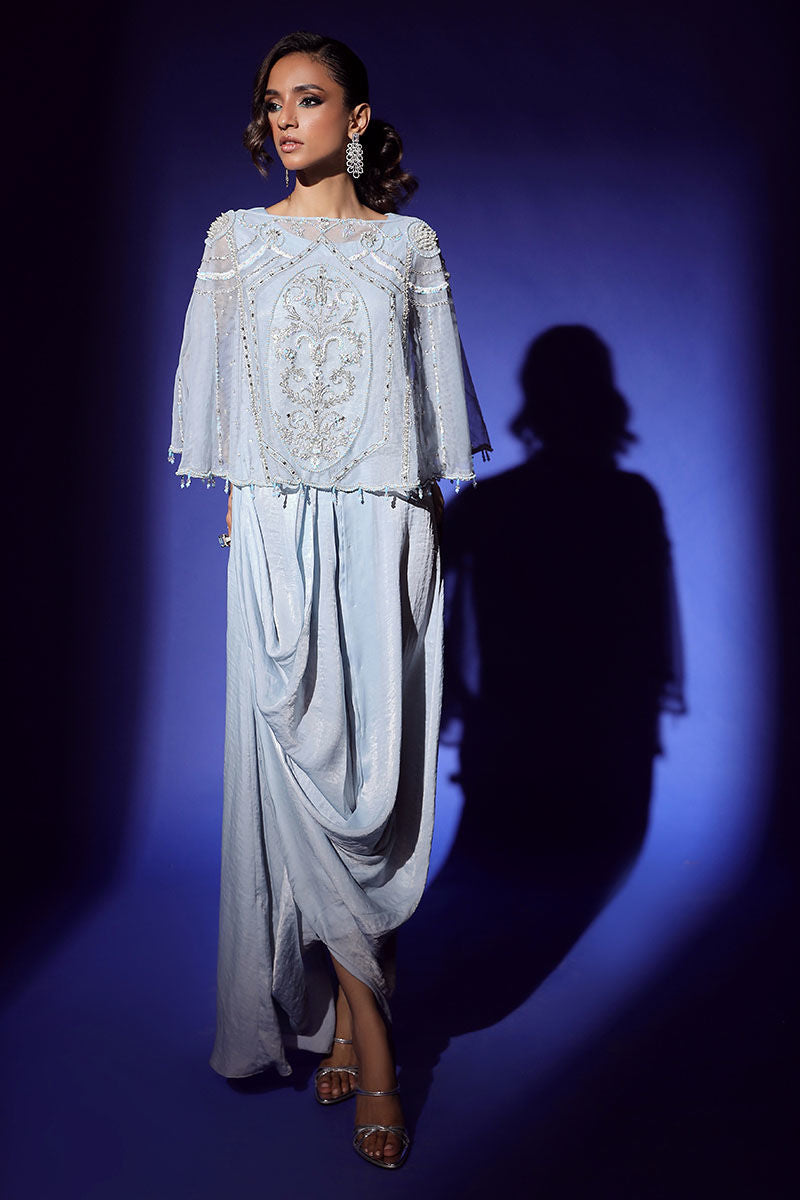 Wardha Saleem | Luxury Pret Fusion Wear | AURA CAPE WITH DRAPE (2PC) - Riwayat-e-Khas