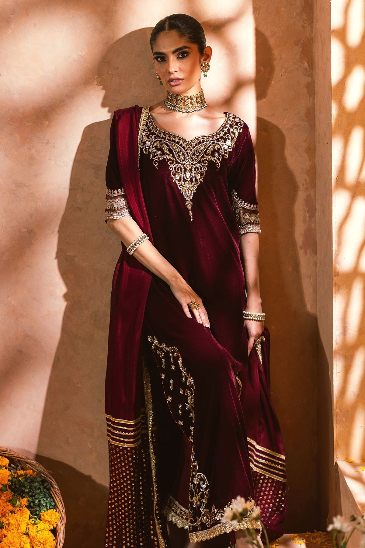 Annus Abrar | Mirha Winter Velour | Dahlia (Shirt, Pants and Dupatta)