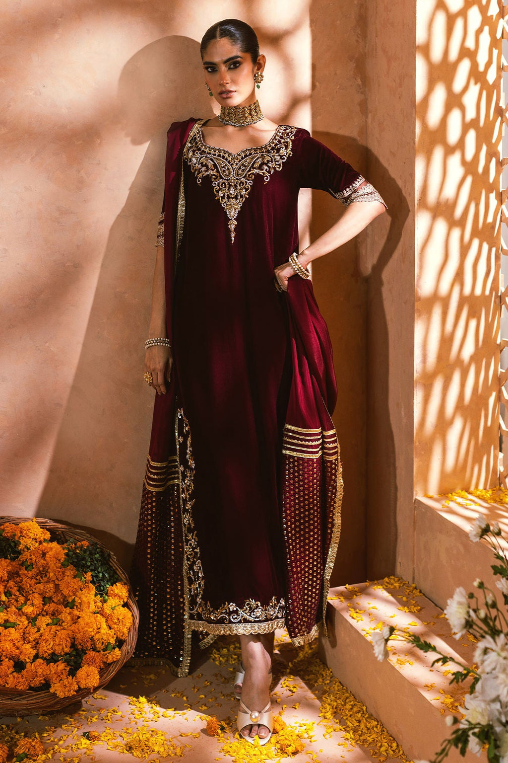 Annus Abrar | Mirha Winter Velour | Dahlia (Shirt, Pants and Dupatta)