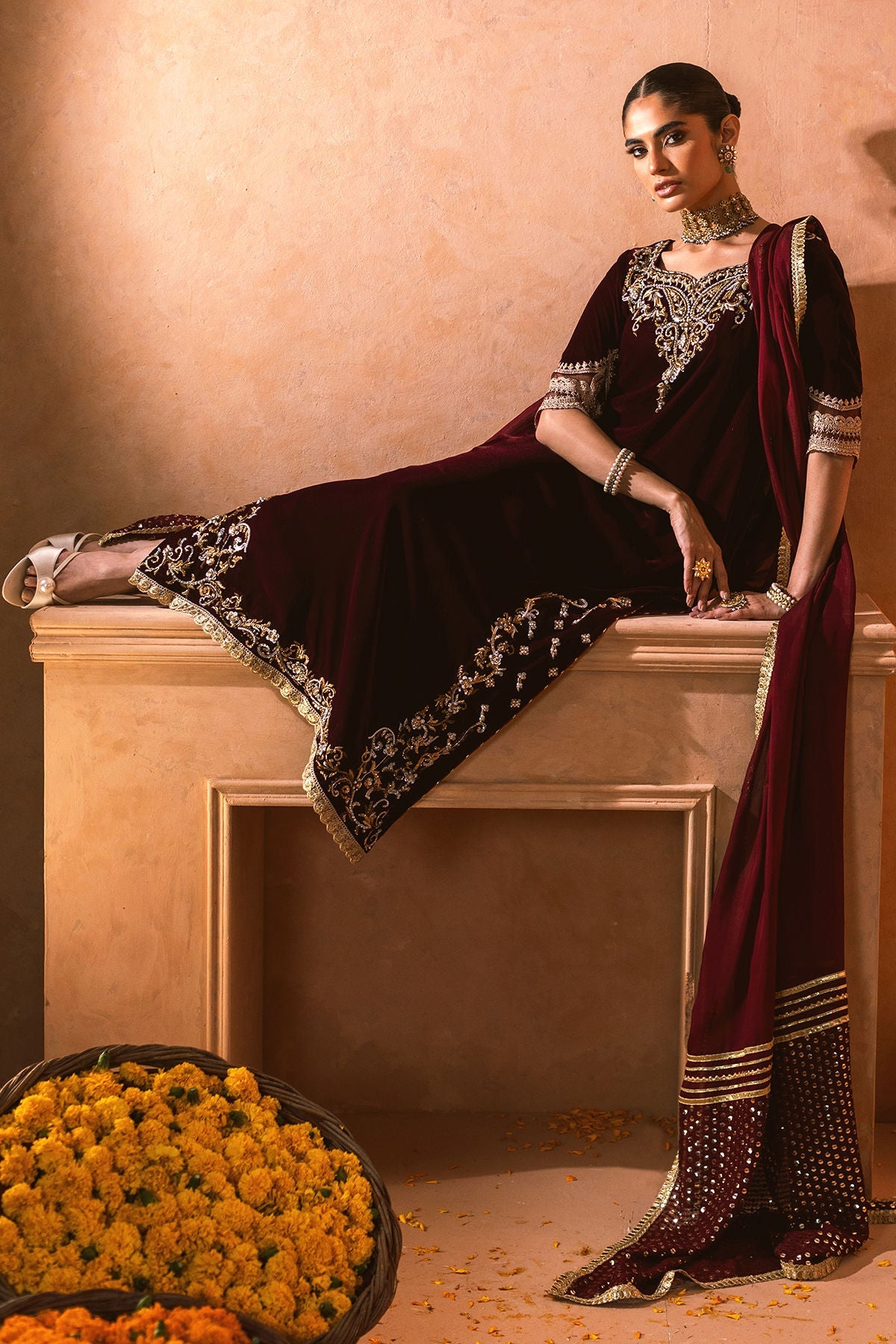 Annus Abrar | Mirha Winter Velour | Dahlia (Shirt, Pants and Dupatta)