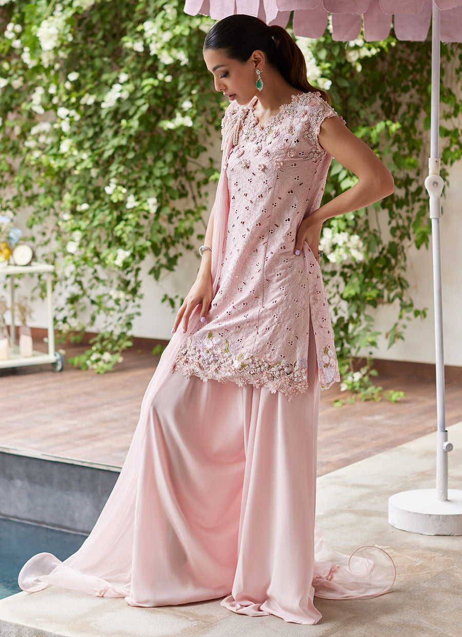 Farah Talib Aziz | Designer Picks 24 | KARINA BLUSH SCHIFFLI RAW SILK SHIRT WITH PRE-DRAPED DUPATTA