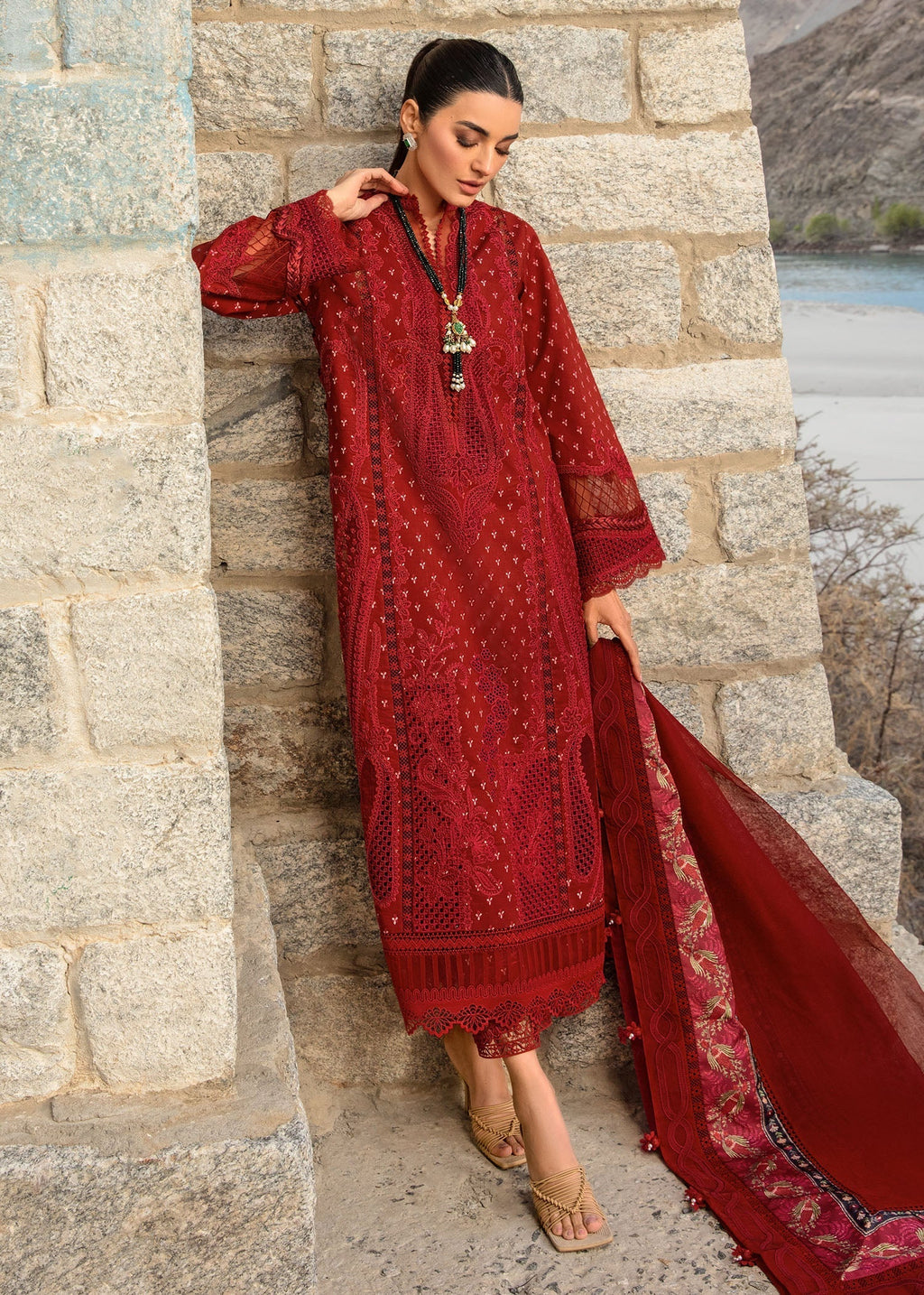 Crimson | Lawn 2024 | Dancing Paisleys - Ruby