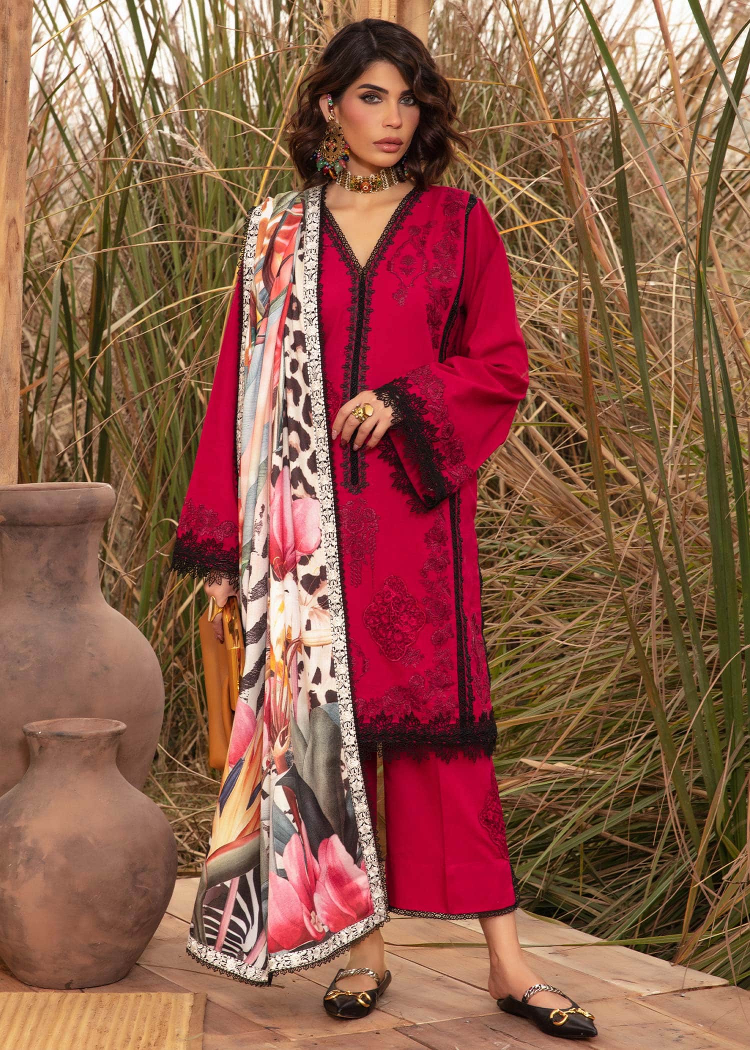 Saira Shakira | Raya Winter Stitched 23 | Crimson - House Of Anaya