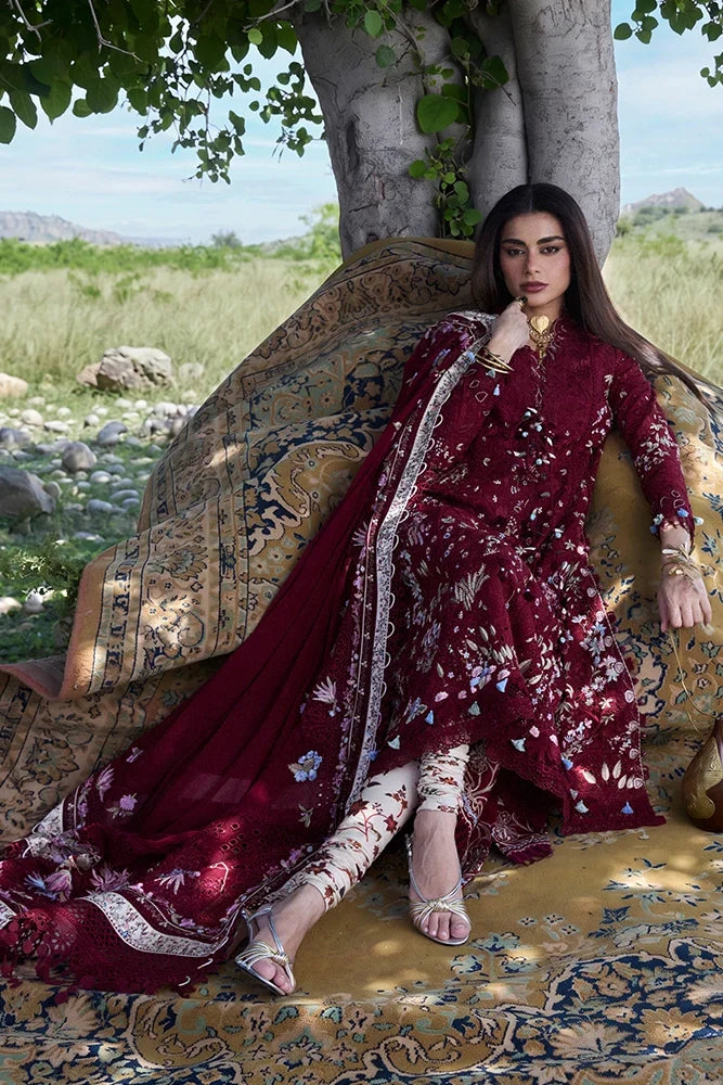 Suffuse Narevi | Deep Maroon Embroidered Lawn Eid Suit