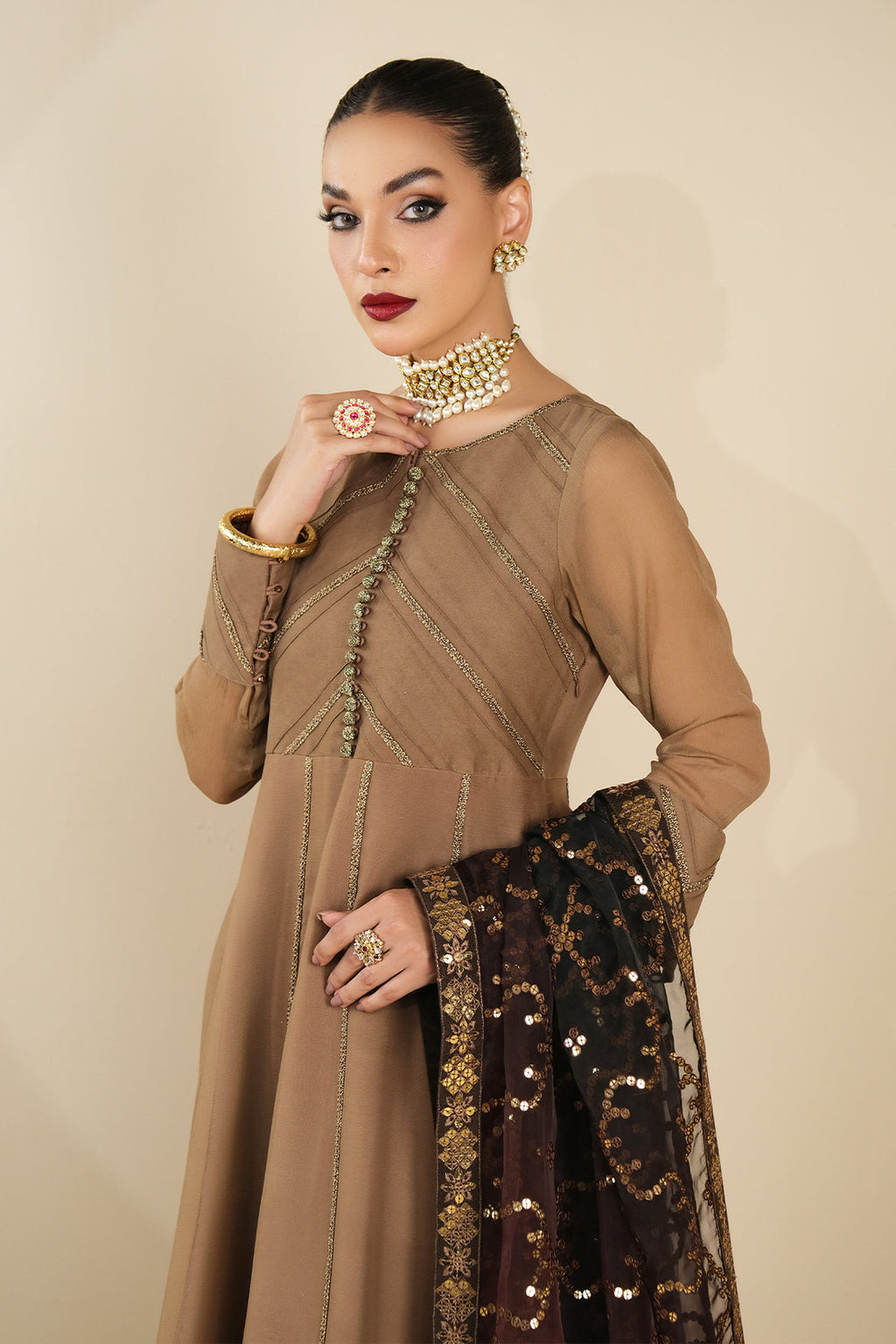 Alizeh | Formals Collection | Rose Beige Dress 3 piece - RTW1017 - House Of Anaya