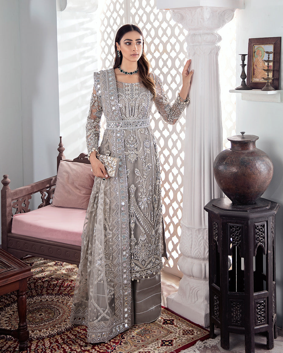 Gulaal | Wedding Formals | Gulnoor Embroidered Net 3-Piece Suit WS-18 - House Of Anaya