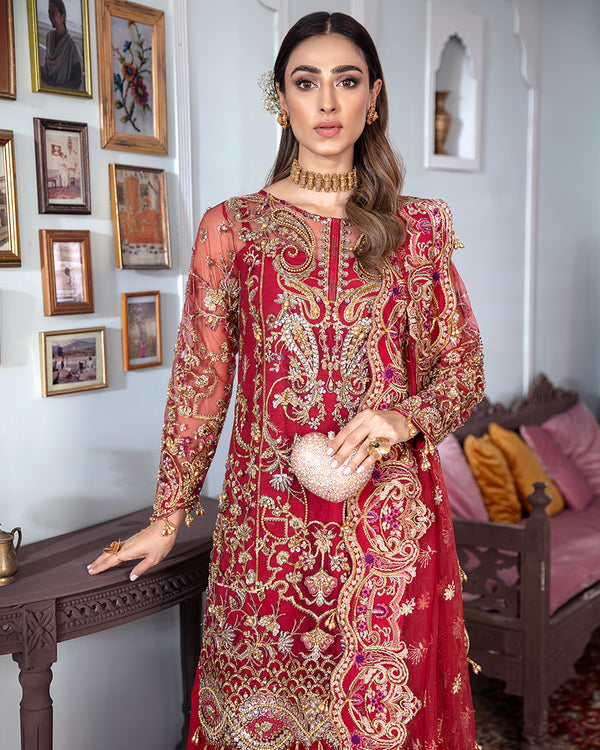 Gulaal | Wedding Formals | Tamanah Embroidered Net 3-Piece Suit WS-12 - House Of Anaya
