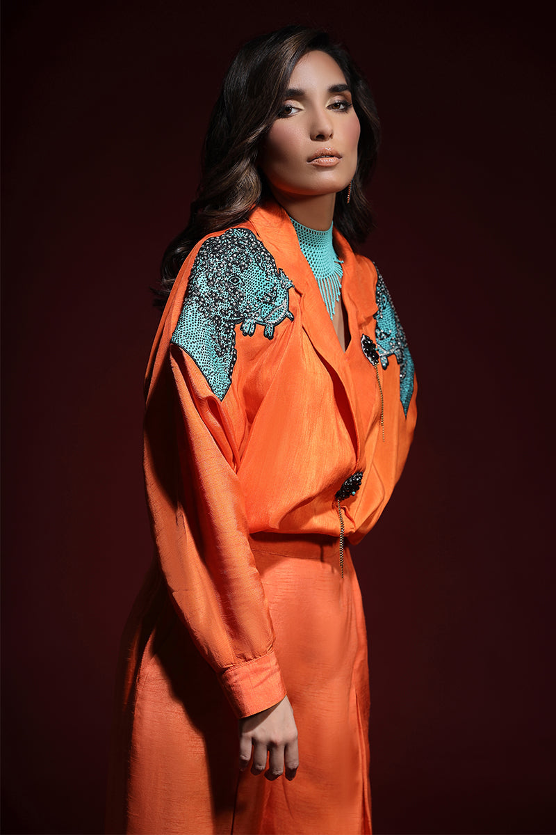 Wardha Saleem | Luxury Pret Fusion Wear | PANTHERA (ORANGE) CORD-SET (2PC) - Riwayat-e-Khas