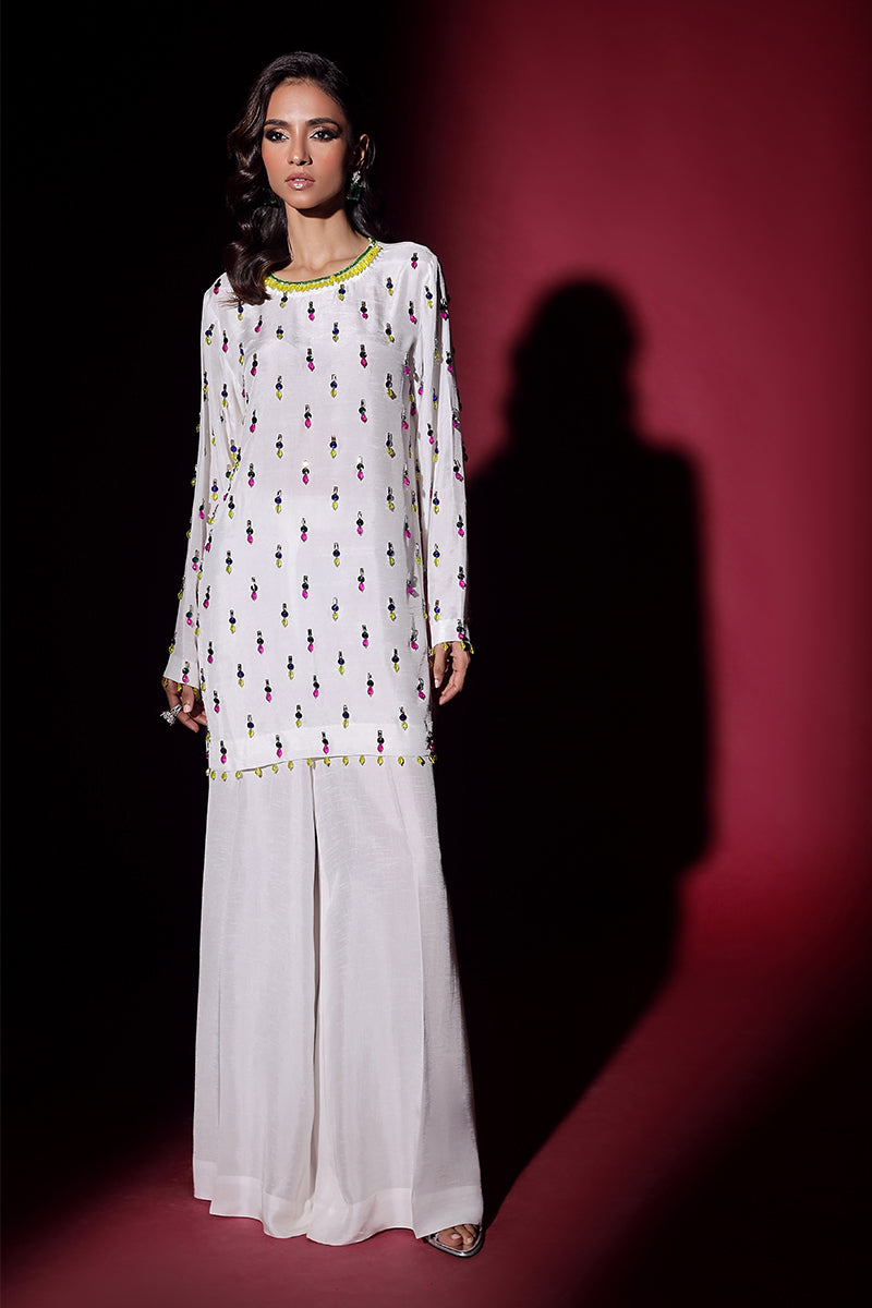 Wardha Saleem | Luxury Pret Fusion Wear | LUXURA (WHITE) CORD-SET (2PC) - Riwayat-e-Khas