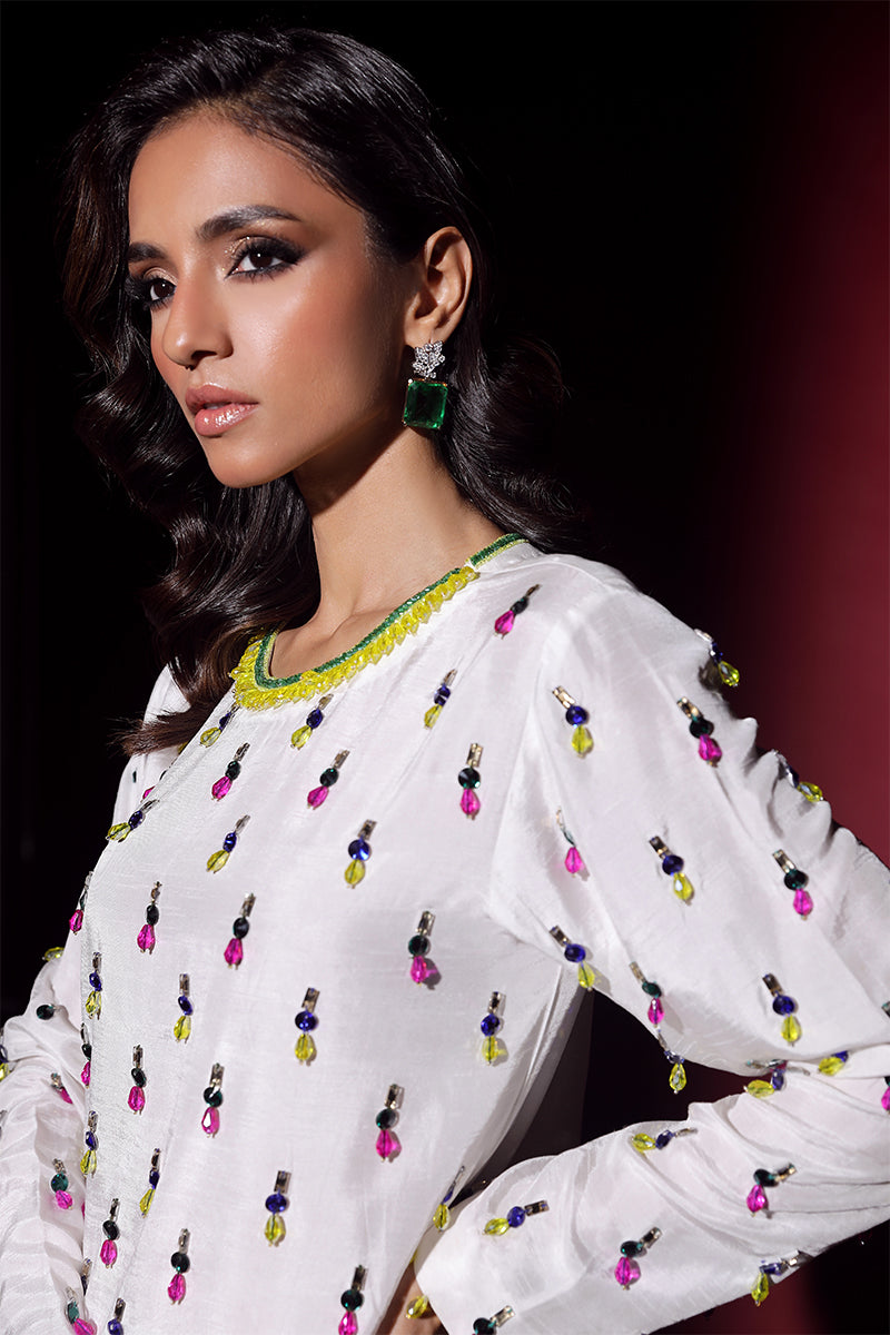 Wardha Saleem | Luxury Pret Fusion Wear | LUXURA (WHITE) CORD-SET (2PC) - Riwayat-e-Khas