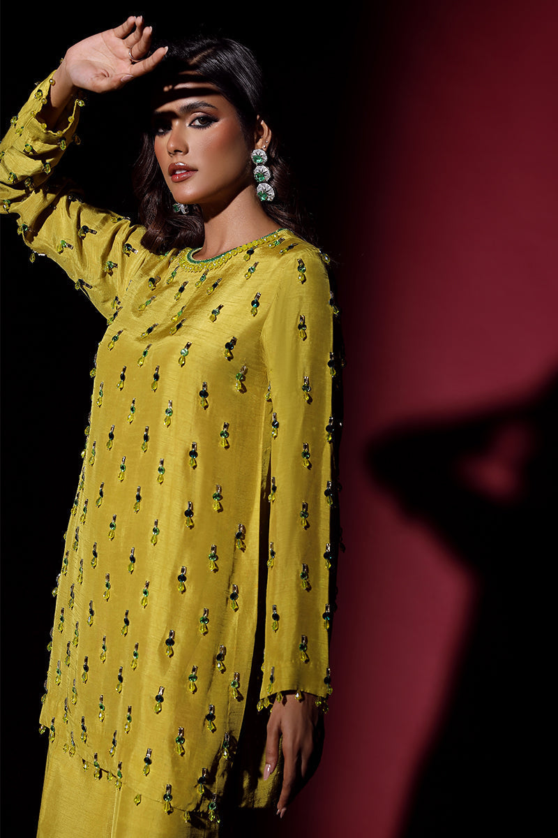Wardha Saleem | Luxury Pret Fusion Wear | LUXURA (LIME GREEN) CORD-SET (2PC) - Riwayat-e-Khas