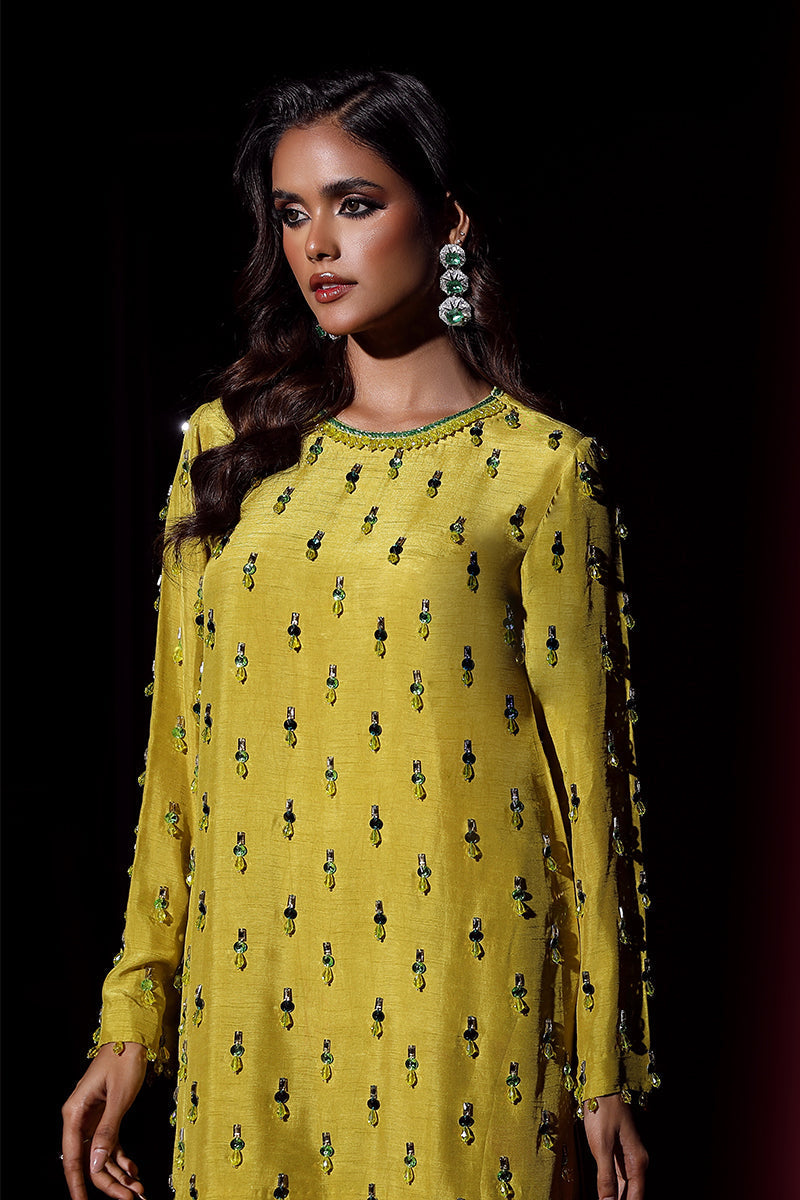 Wardha Saleem | Luxury Pret Fusion Wear | LUXURA (LIME GREEN) CORD-SET (2PC) - Riwayat-e-Khas