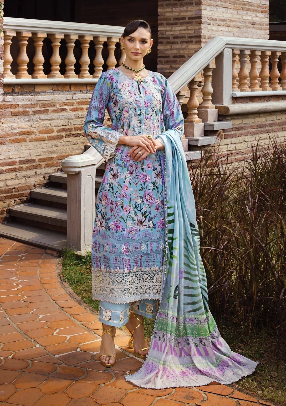 Elaf Premium Print Chikankari Lawn  3Pc Suit ECT-03A OCEAN BLUE