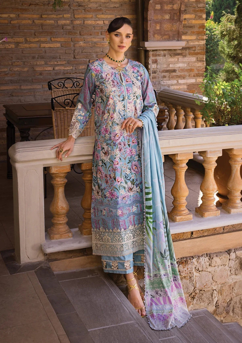 Elaf Premium Print Chikankari Lawn  3Pc Suit ECT-03A OCEAN BLUE