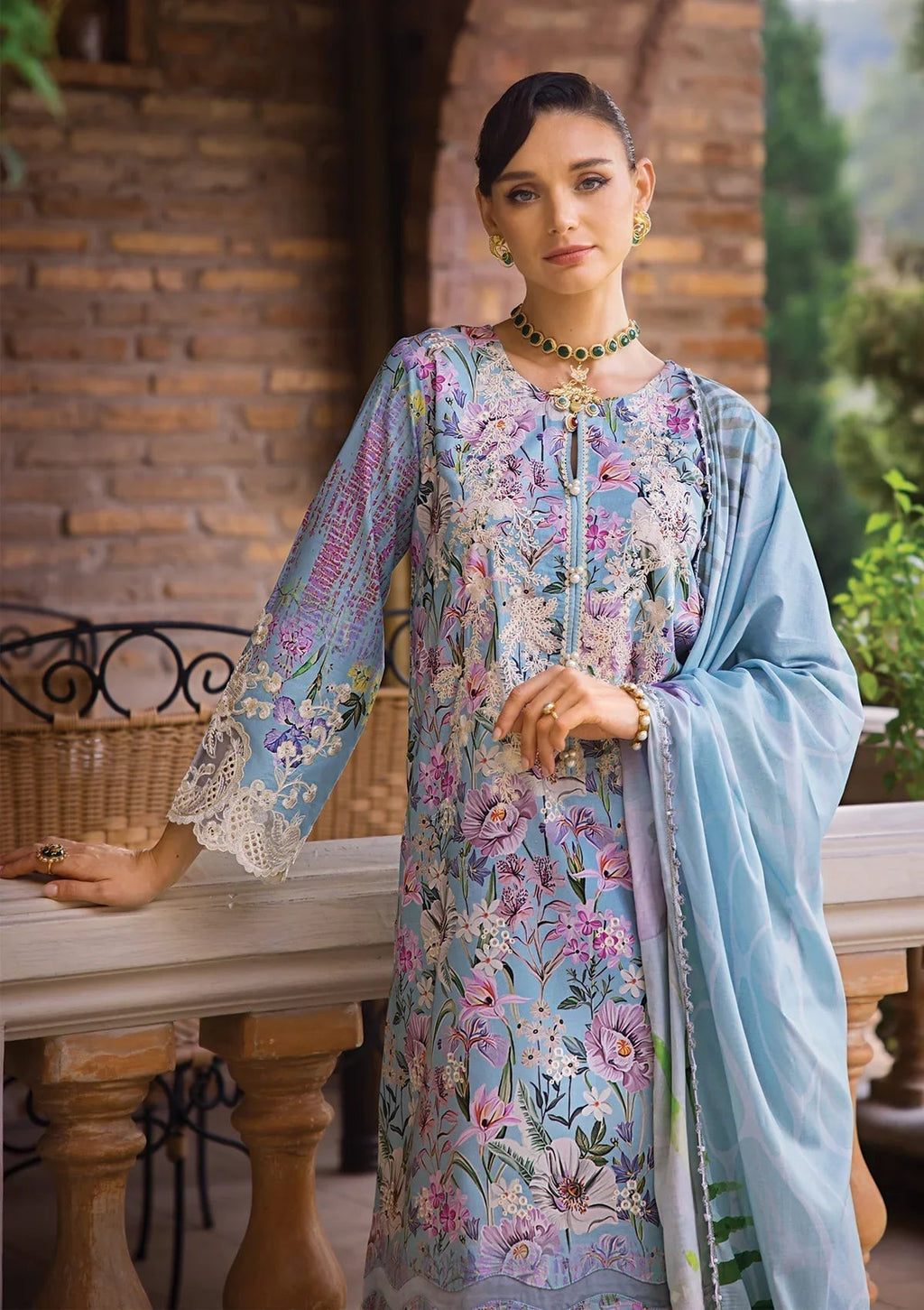 Elaf Premium Print Chikankari Lawn  3Pc Suit ECT-03A OCEAN BLUE