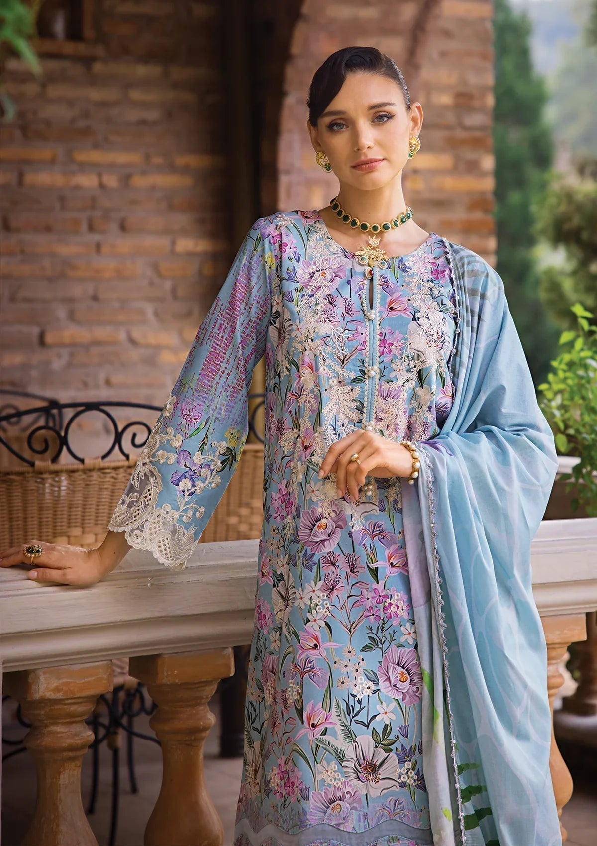 Elaf Premium Print Chikankari Lawn  3Pc Suit ECT-03A OCEAN BLUE