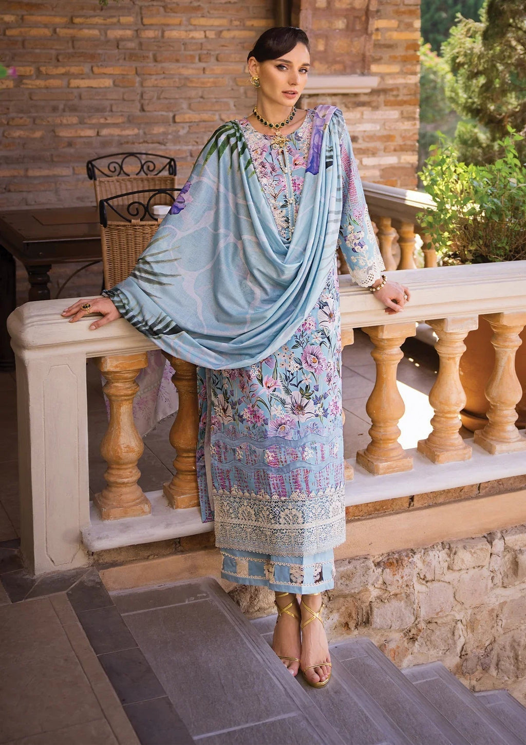 Elaf Premium Print Chikankari Lawn  3Pc Suit ECT-03A OCEAN BLUE