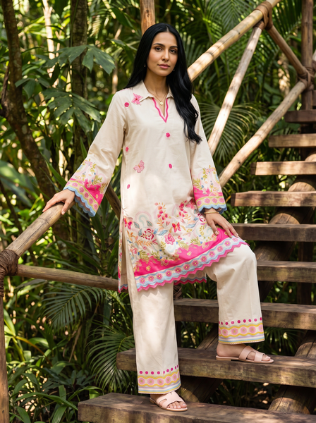 Dhanak | Casual Pret | OFF WHITE LAWN 2PCS EMBROIDERED KURTA WITH TROUSER