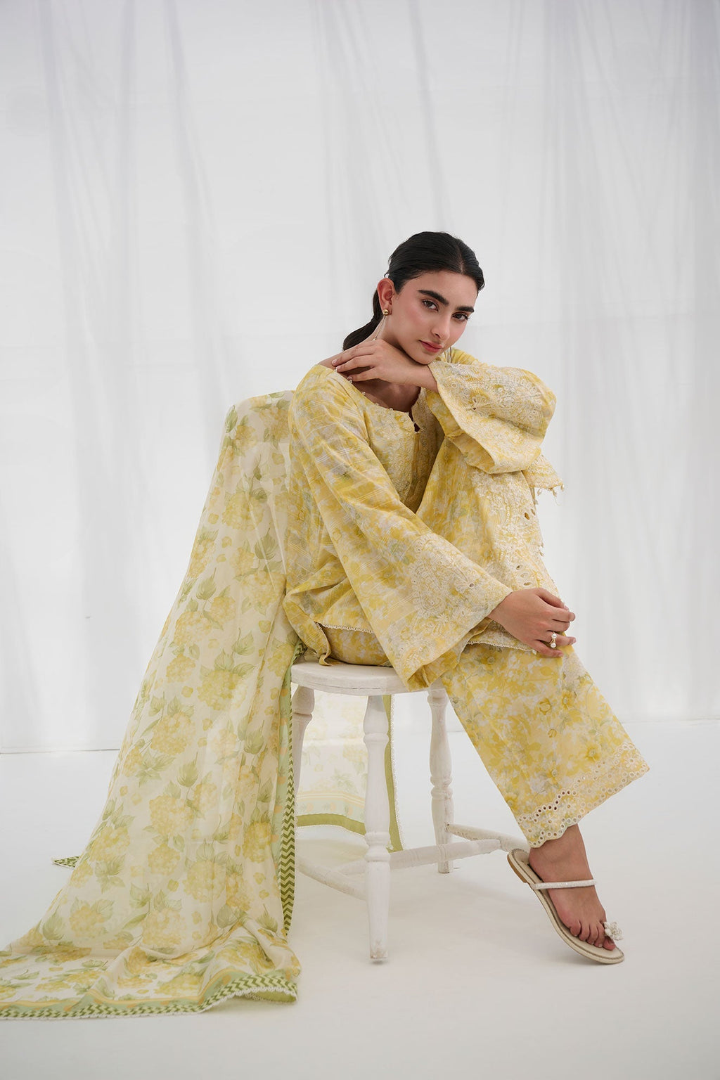Dhanak | Casual Pret | YELLOW COTTON JACQUARD 2PCS EMBROIDERED KURTA WITH TROUSER
