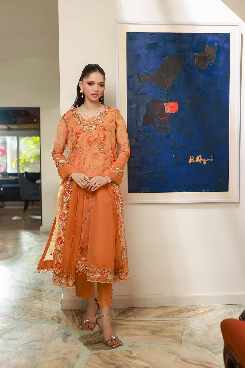 Dhanak | Signature Pret | ORANGE 2PCS EMBROIDERED KURTA WITH TROUSER