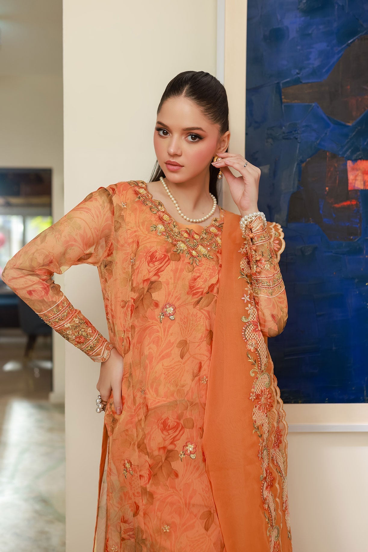 Dhanak | Signature Pret | ORANGE 2PCS EMBROIDERED KURTA WITH TROUSER