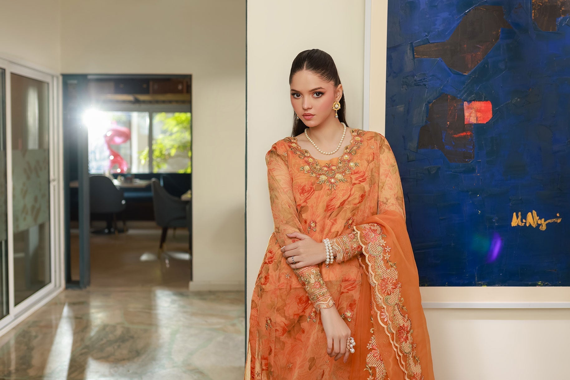 Dhanak | Signature Pret | ORANGE 2PCS EMBROIDERED KURTA WITH TROUSER