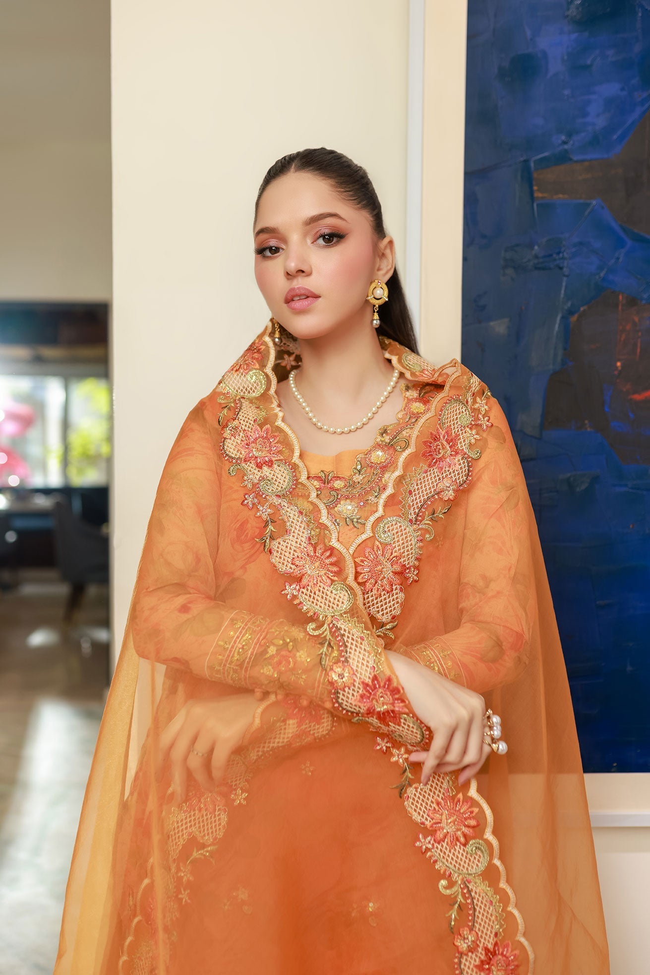 Dhanak | Signature Pret | ORANGE 2PCS EMBROIDERED KURTA WITH TROUSER