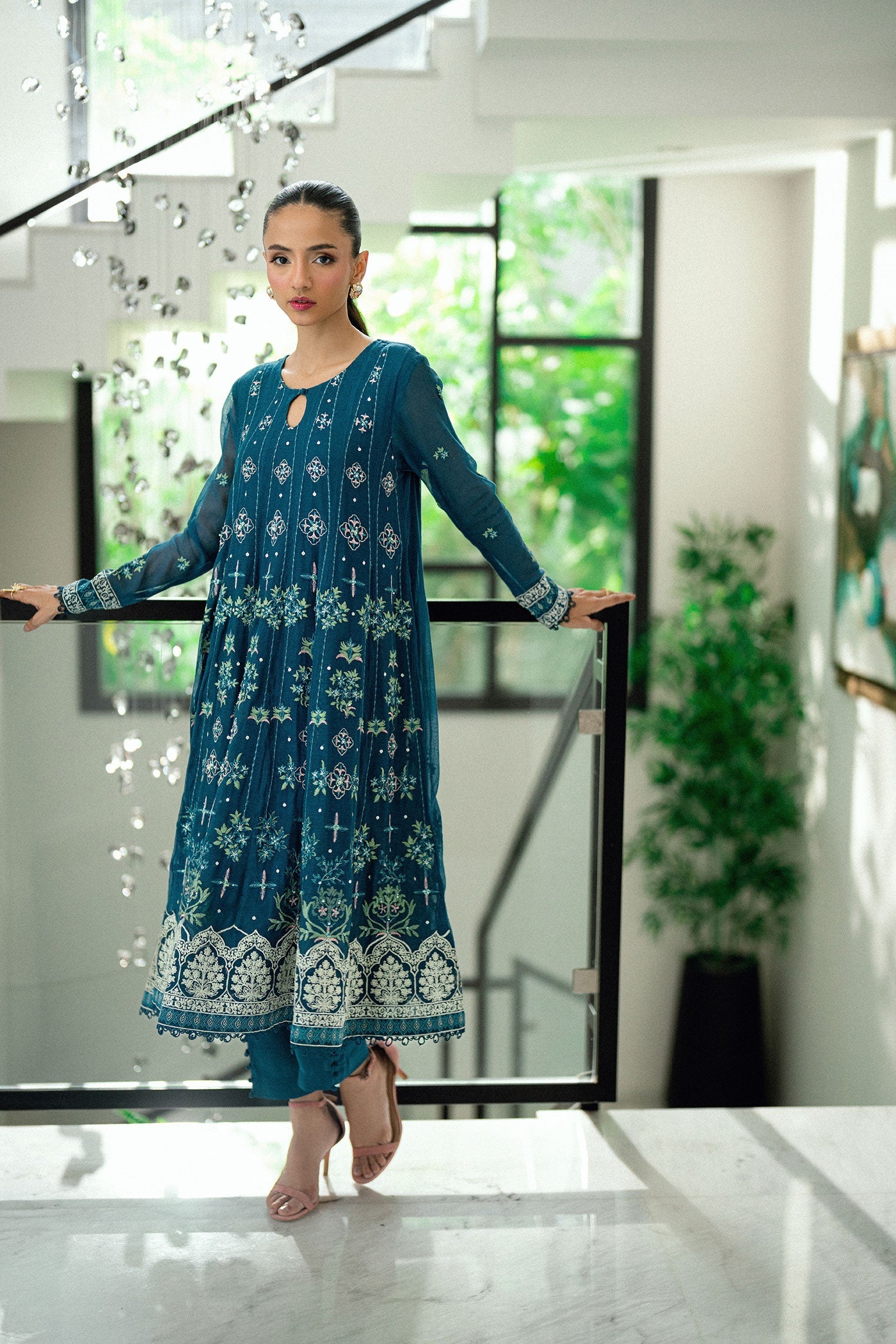 Dhanak | Signature Pret | TURQUOISE BLUE 2PCS EMBROIDERED PISHWAS WITH TROUSER