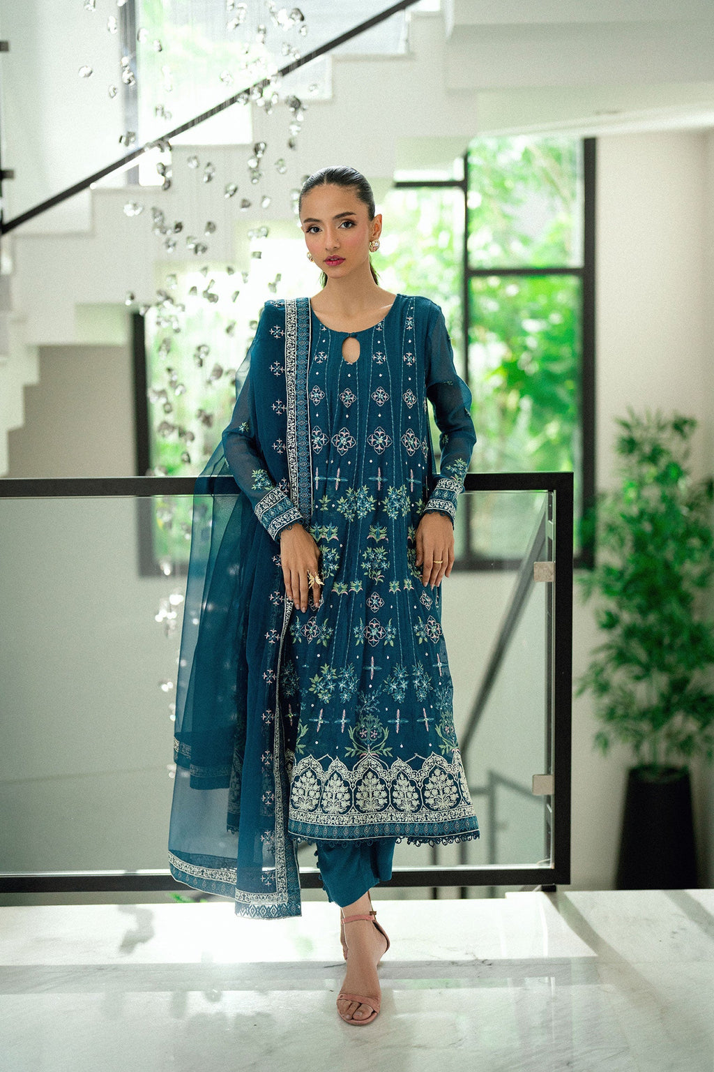 Dhanak | Signature Pret | TURQUOISE BLUE 2PCS EMBROIDERED PISHWAS WITH TROUSER