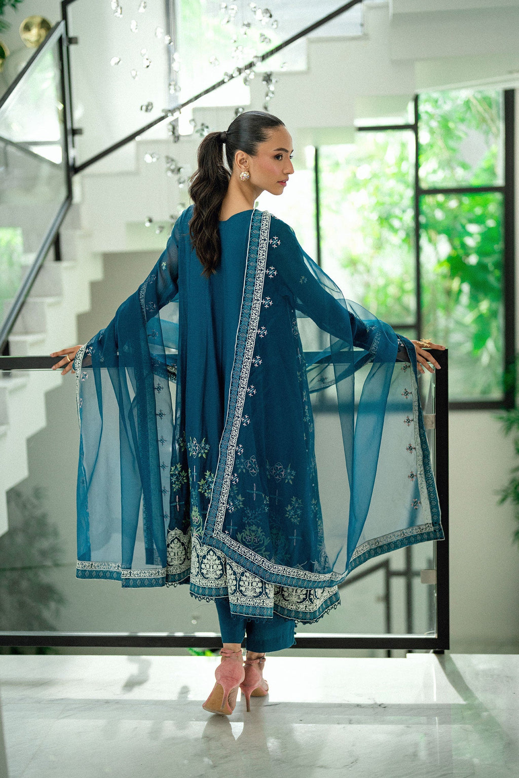 Dhanak | Signature Pret | TURQUOISE BLUE 2PCS EMBROIDERED PISHWAS WITH TROUSER