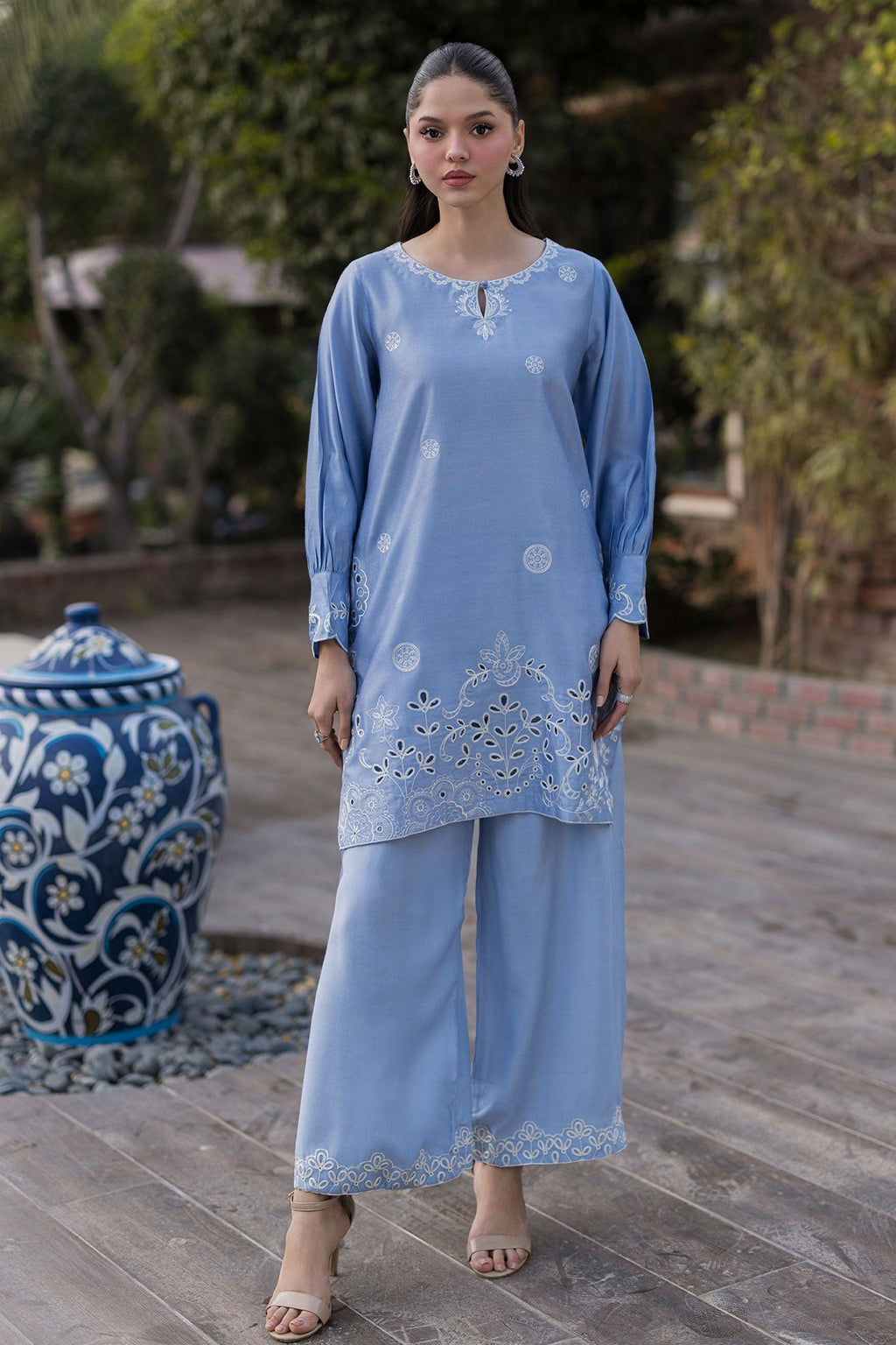 Dhanak | Signature Pret | SKY BLUE 2PCS EMBROIDERED KURTA WITH TROUSER