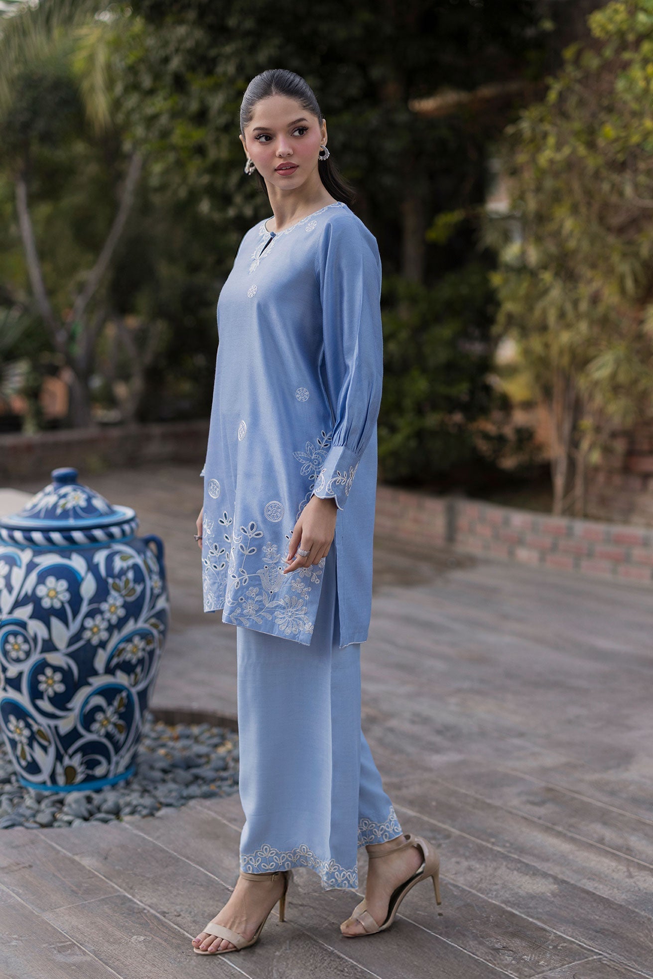 Dhanak | Signature Pret | SKY BLUE 2PCS EMBROIDERED KURTA WITH TROUSER