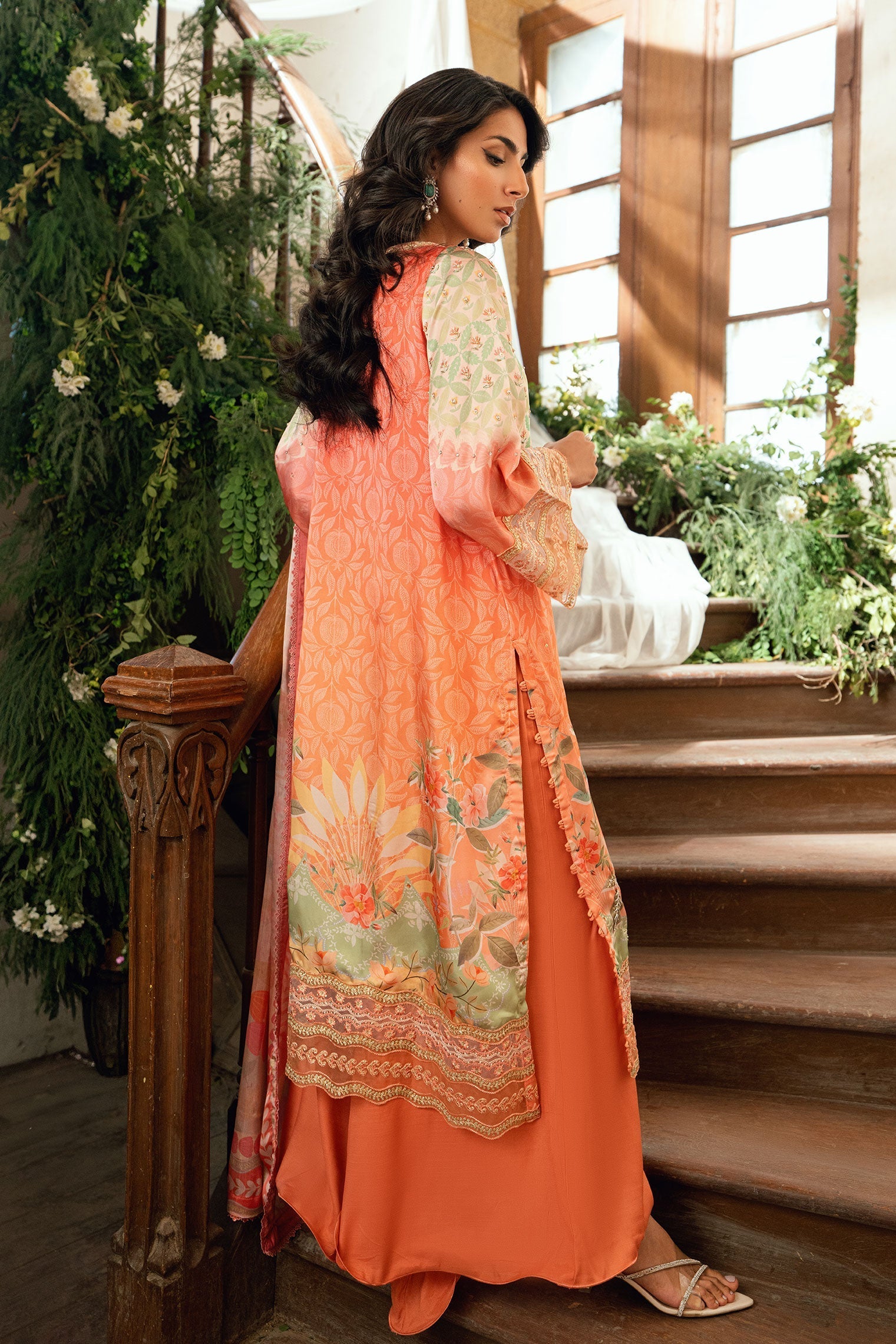 Dhanak | Silk Pret | ORANGE 2PCS HAND EMBELLISHED KURTA WITH TROUSER