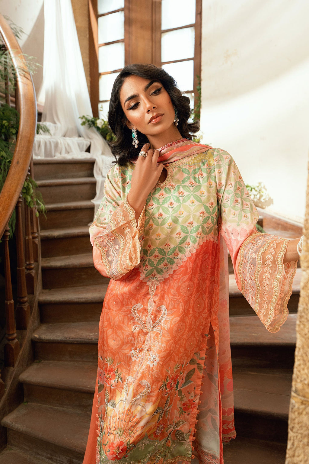 Dhanak | Silk Pret | ORANGE 2PCS HAND EMBELLISHED KURTA WITH TROUSER