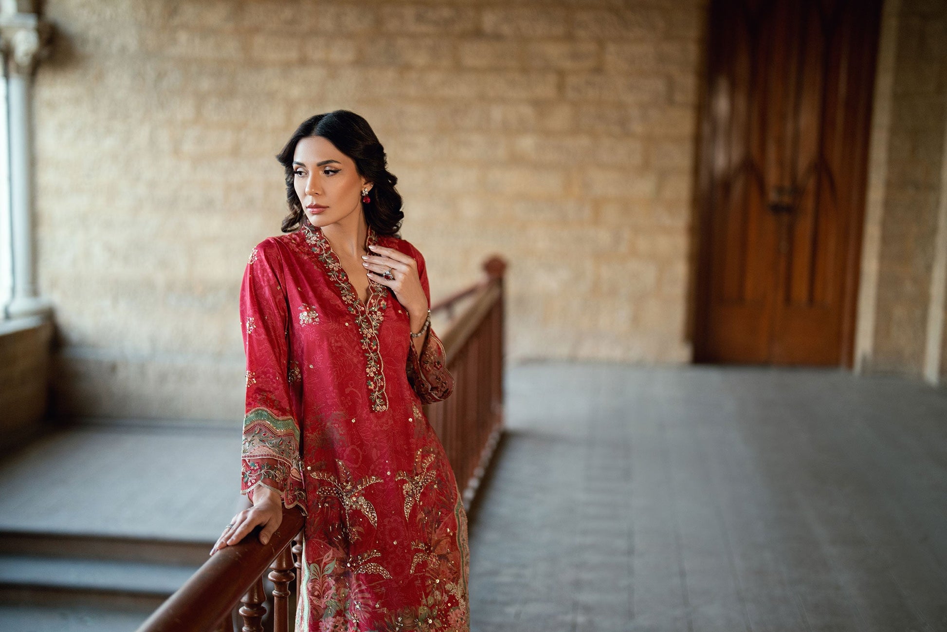 Dhanak | Silk Pret | RED 2PCS HAND EMBELLISHED KURTA WITH TROUSER