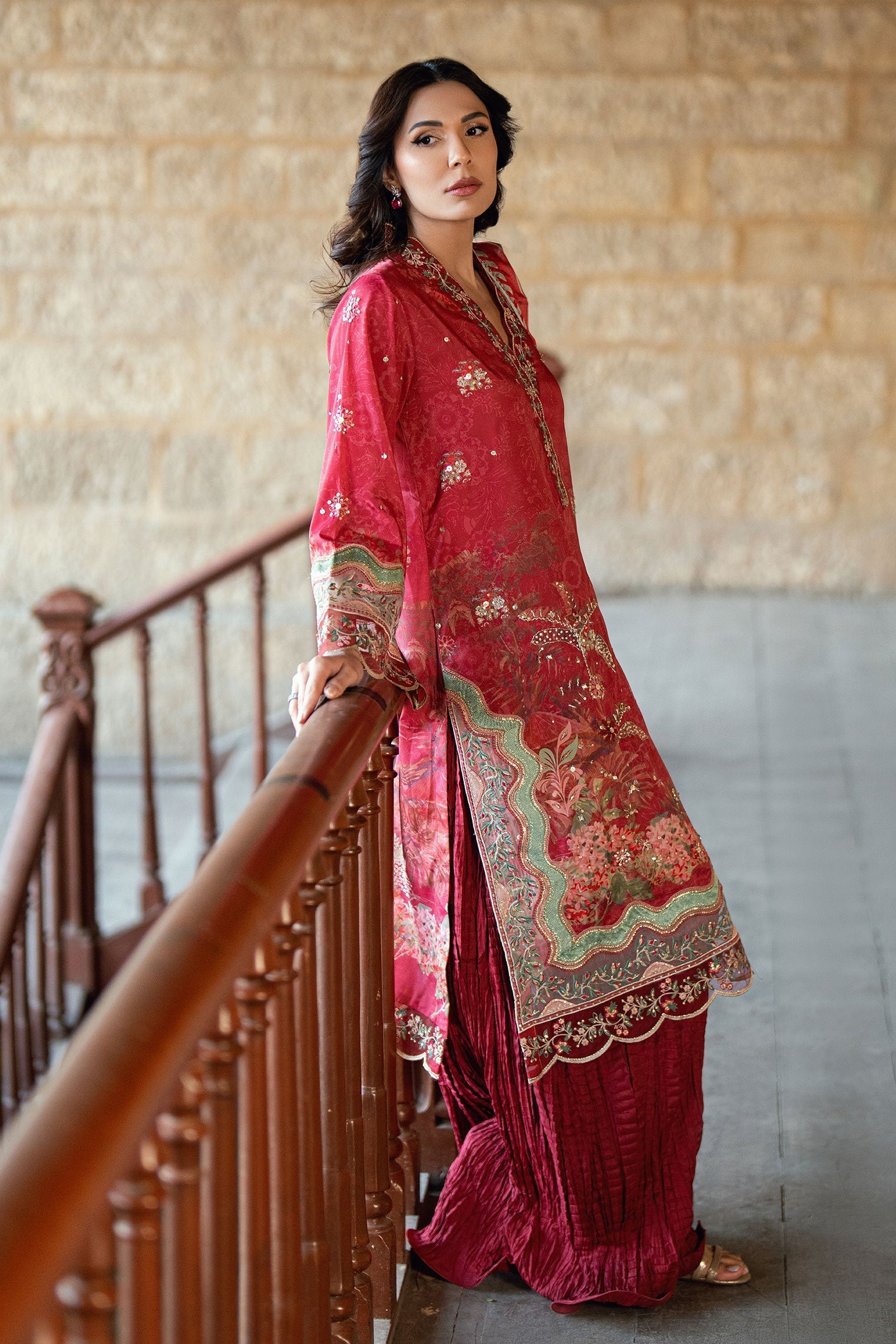 Dhanak | Silk Pret | RED 2PCS HAND EMBELLISHED KURTA WITH TROUSER