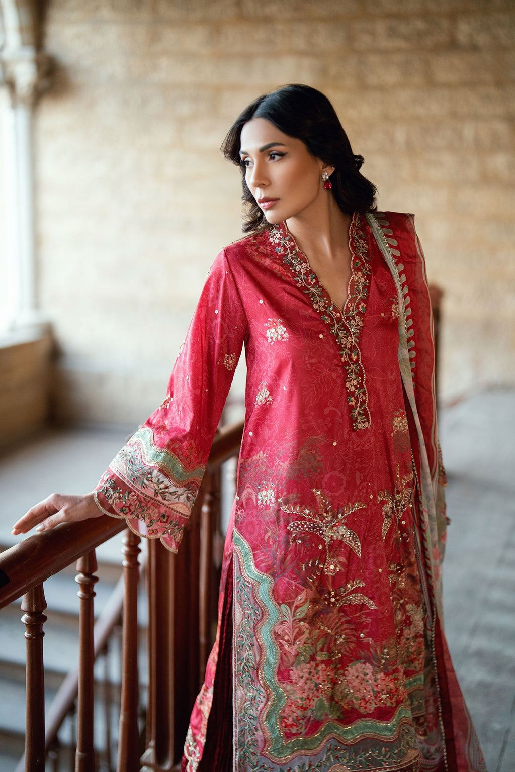 Dhanak | Silk Pret | RED 2PCS HAND EMBELLISHED KURTA WITH TROUSER