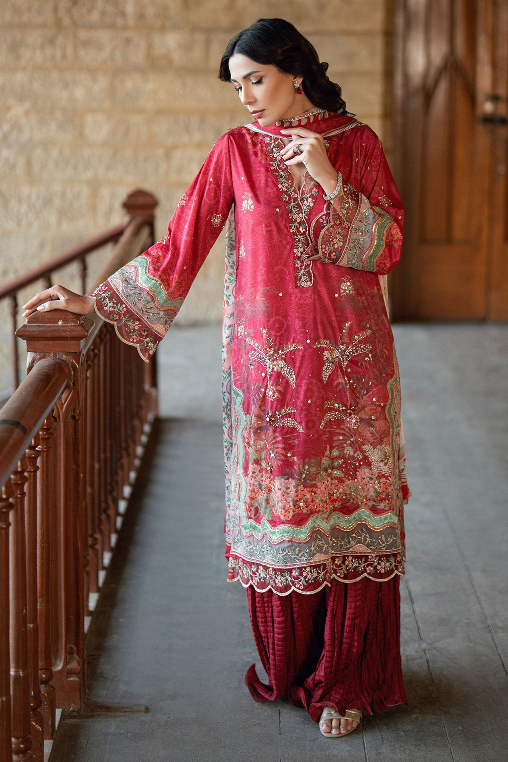 Dhanak | Silk Pret | RED 2PCS HAND EMBELLISHED KURTA WITH TROUSER