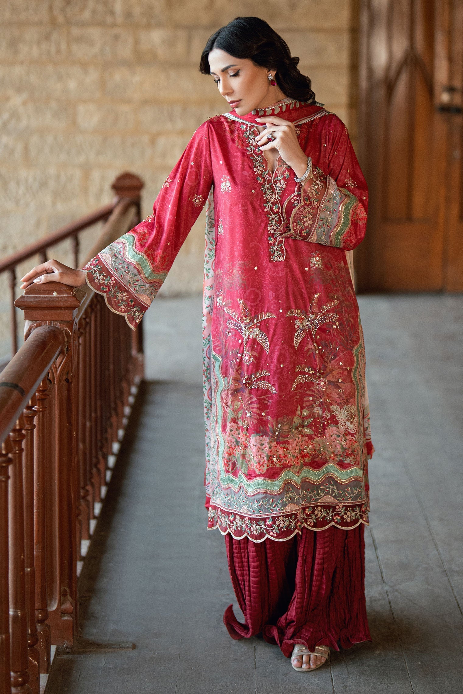 Dhanak | Silk Pret | RED 2PCS HAND EMBELLISHED KURTA WITH TROUSER