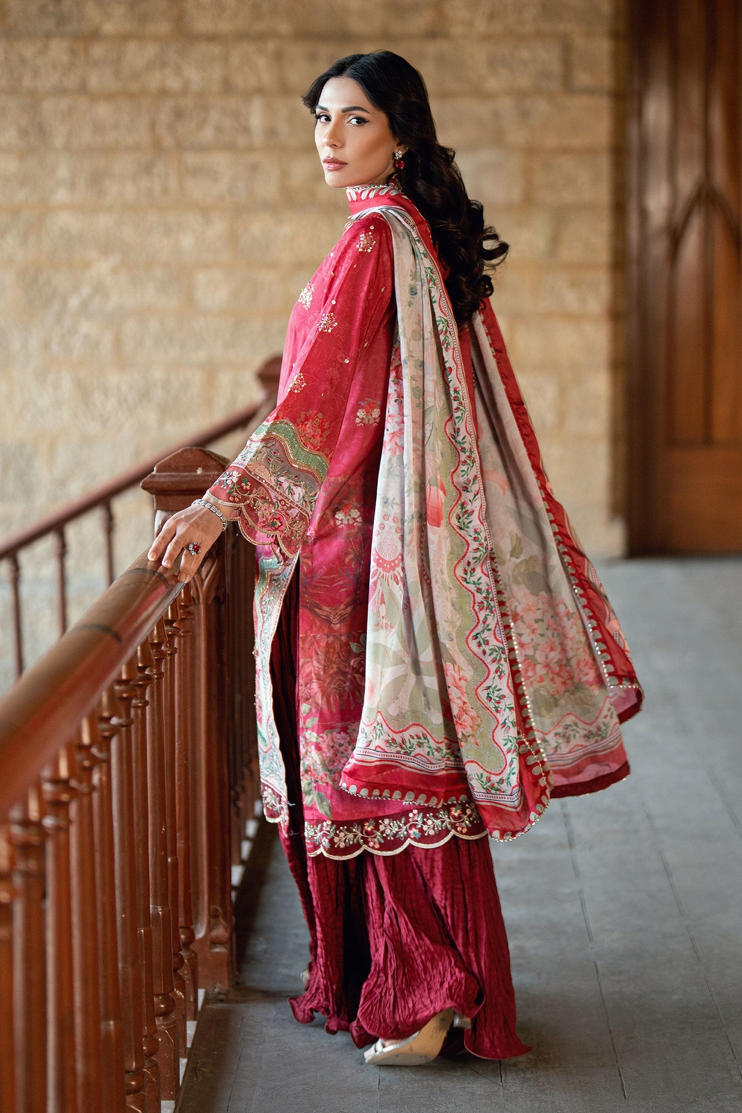 Dhanak | Silk Pret | RED 2PCS HAND EMBELLISHED KURTA WITH TROUSER