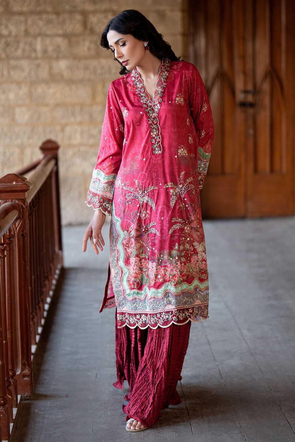 Dhanak | Silk Pret | RED 2PCS HAND EMBELLISHED KURTA WITH TROUSER