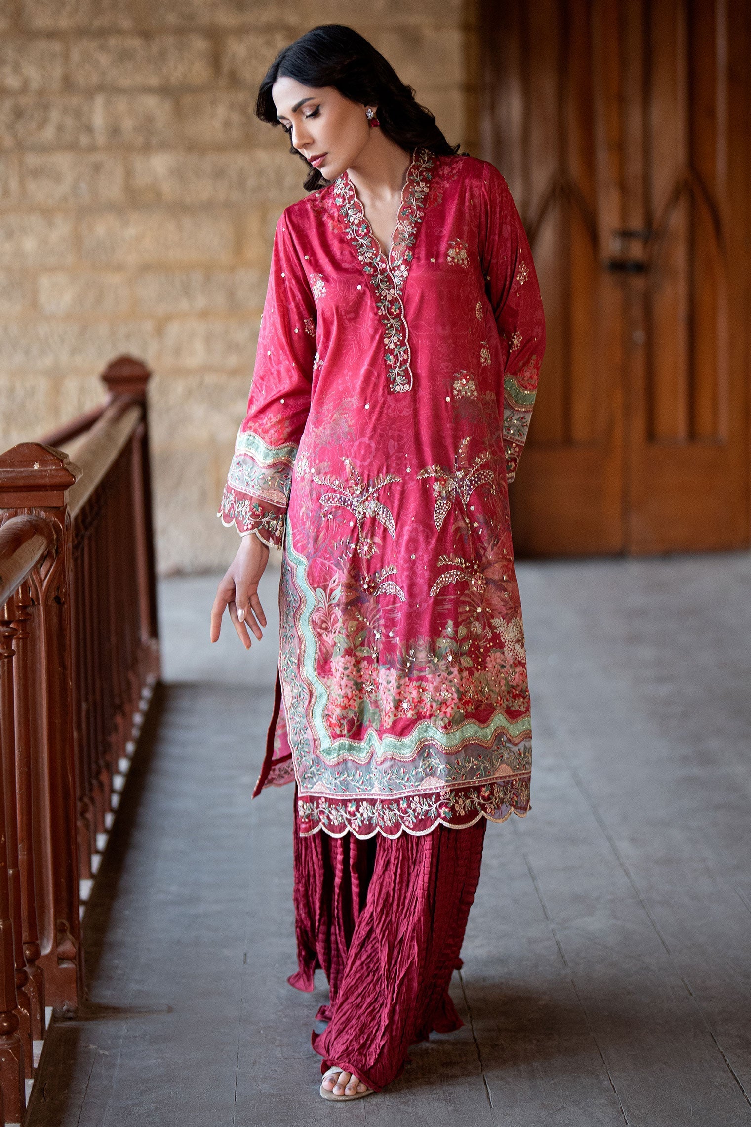 Dhanak | Silk Pret | RED 2PCS HAND EMBELLISHED KURTA WITH TROUSER