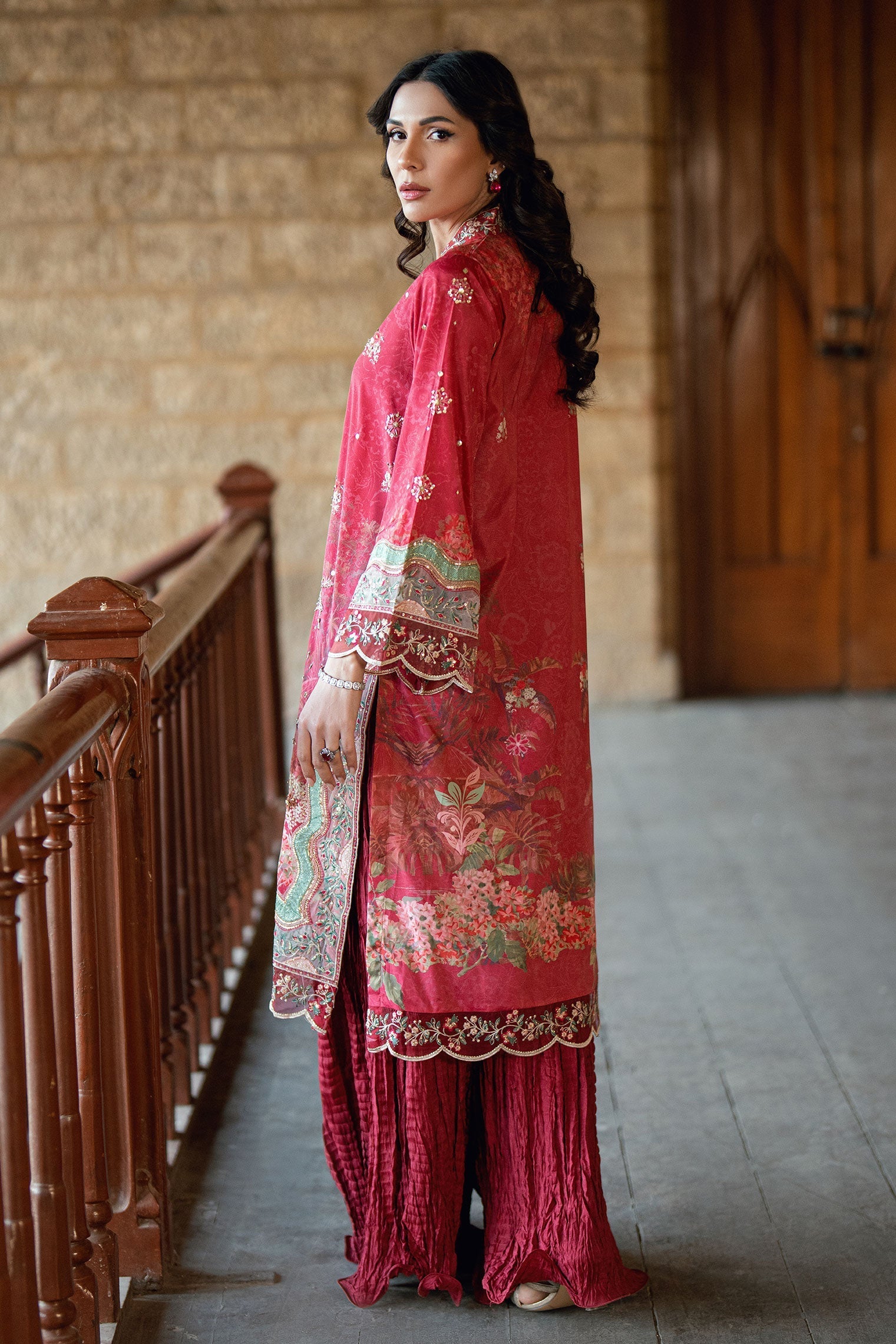 Dhanak | Silk Pret | RED 2PCS HAND EMBELLISHED KURTA WITH TROUSER