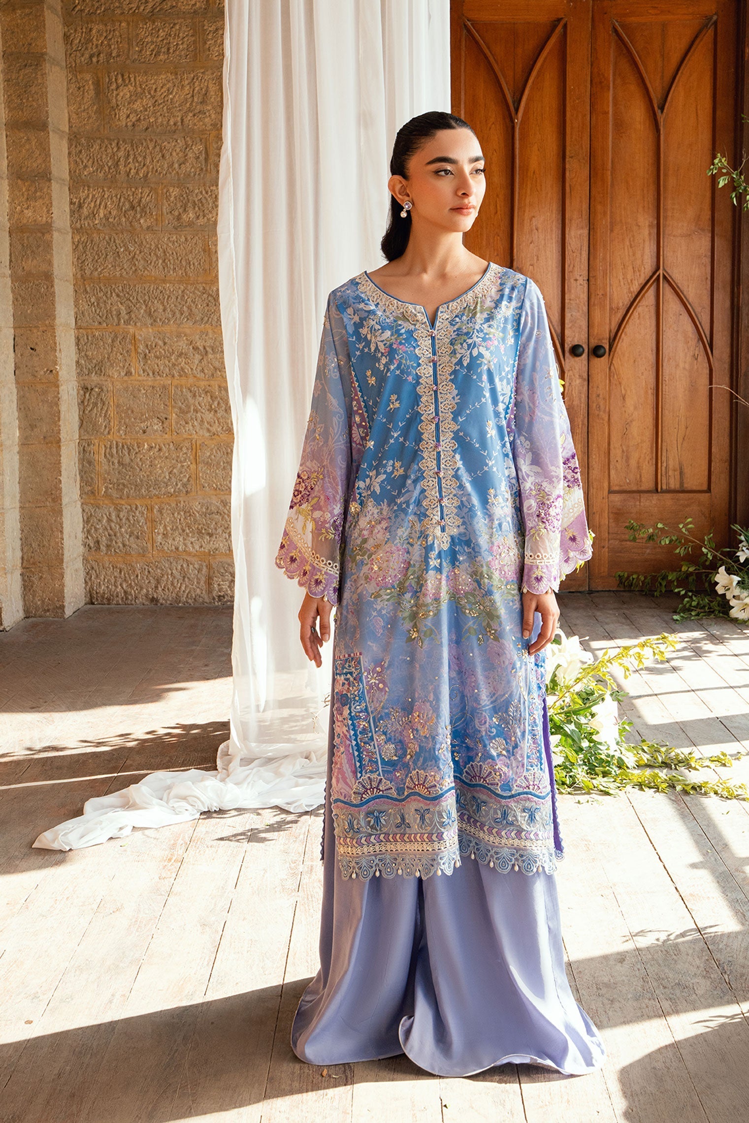 Dhanak | Silk Pret | PURPLE 2PCS HAND EMBELLISHED KURTA WITH TROUSER